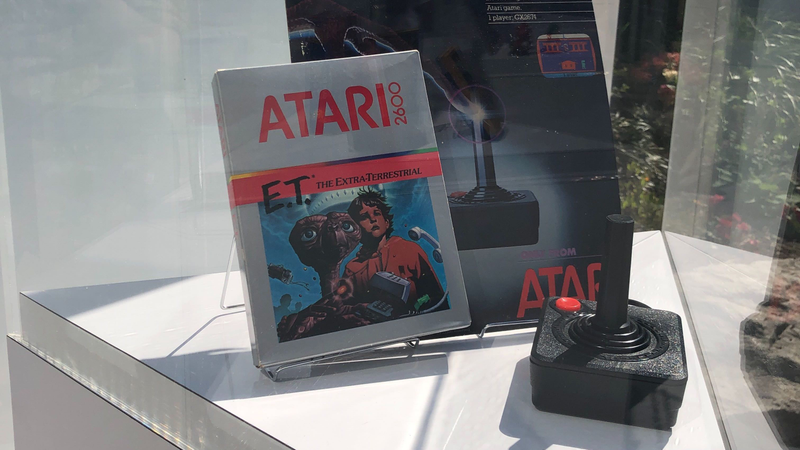 A Google retrospective exhibit on the history of gaming (as well as an empty case labeled ‘Coming Soon’) on display outside the Game Developers Conference in San Francisco on March 18, 2019.